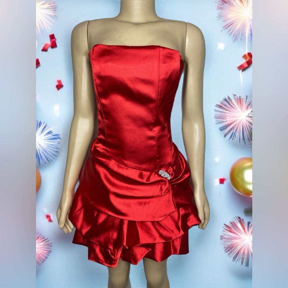 Vintage 80s Red Satin Strapless Ruched Prom Party Dress Size Medium